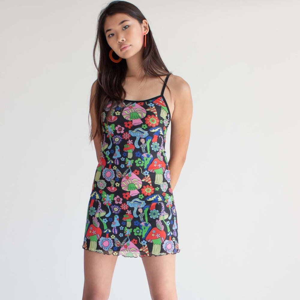 Y2K Sheer‎ Mesh Slip Dress Psychedelic Floral Print Black Multicolor Size S